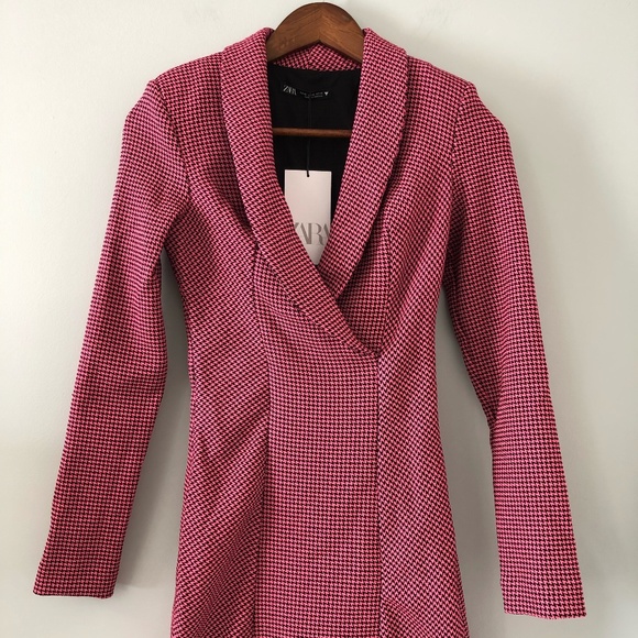 Zara Dresses & Skirts - Zara Barbiecore Pink & Black Houndstooth Blazer Dress Size XS